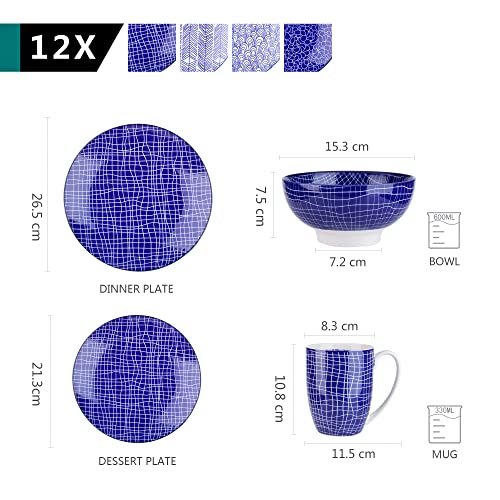 vancasso Serie TAKAKI, Servizio di Piatti per 12 Persone, Set Piatti 48 Pezzi in Procellana Blu Stile Giapponese con… - immagine 4