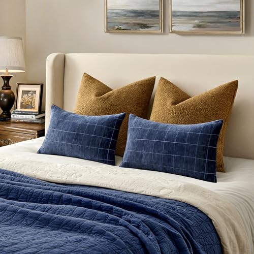 Image of MIULEE Navy Blue Plaid Decorative Throw Pillow Covers 12x20 Set of 2 | Vintage Check Chenille Couch Pillows Neutral Boho Farmhouse Cushion Covers Modern Home Decor for Sofa Bed Living Room