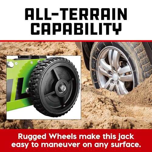 Image of Powerbuilt 2.5 Ton Big Wheel Off Road Jack, Vehicle Lift for Trucks, SUVs, ATVs Offroad Vehicles, Oversized Wheels for Rugged Terrain, 5000 LB Capacity, Green 620624ECE