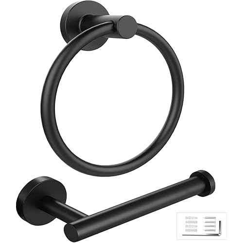Nestling Toilet Paper Holder Hand Towel Ring, Stainless Steel Tissue Paper Roll Holder Dispenser Wall Mount Bathroom Hardware Accessories 2 Pieces Set, Matte Black