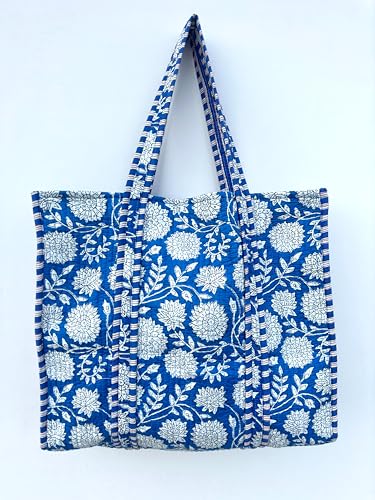 Image of Quilted Cotton Handprinted Reversible Large multicolor Floral Tote Bag,Hand Block Print Shopping Shoulder Carry Bag