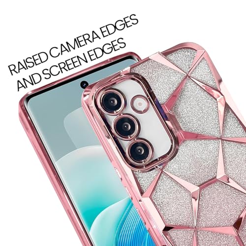 Image of VONZEE Gradient Glitter Clear Case for Samsung S25 Plus, Luxury Electroplated 3D Cube, Diamond Bling Shiny Soft TPU Clear Shockproof Women Girls Protective Phone Cover (Rose Gold)