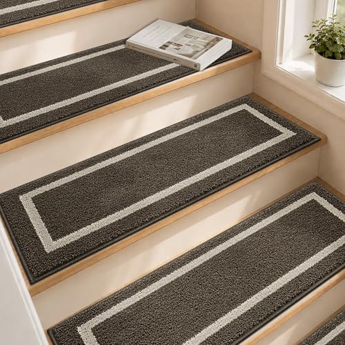 COSY HOMEER Soft Stair Treads 15pcs Non-Slip Carpet Mat 28inX9in Indoor Stair Runners for Wooden Steps,Stair Rugs for Kids and Dogs, 100% Polyester TPE Backing Brown
