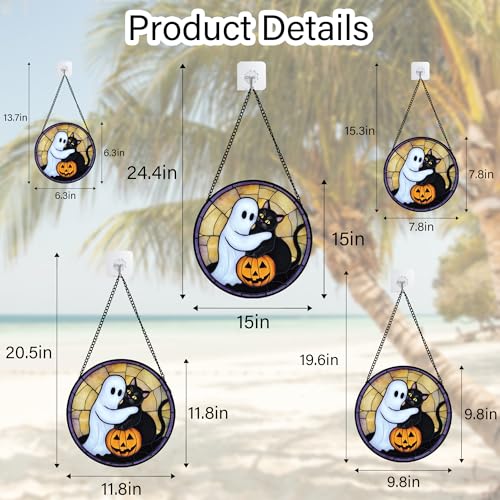 Image of Stained Glass Window Hanging - Halloween Decorations Cute White Ghost Black Cat Suncatcher for Doors Garden Spooky Sun Catchers Gothic Decor Horror Gifts for Women Men Friend Boy 15 in