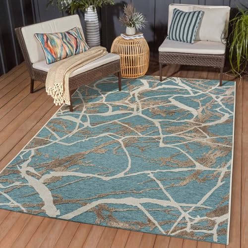 Taracarpet In & Outdoor Teppich Wetterfest Wohnzimmer Balkon Küchenteppich Terrassenteppich Flachgewebe mit Muster Marmor Optik blau 120x160 cm