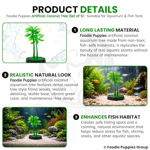 Image of Foodie Puppies Aquarium Plastic Plant Green Artificial (CoconutTree, Small, 6 x 3 x 10 cm) with Resin Base | Decorative Fish Tank Ornament for Freshwater & Saltwater Tanks (Set of 5)