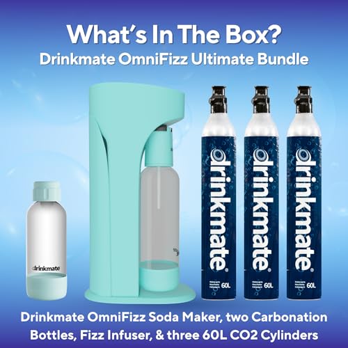 Image of Drinkmate OmniFizz Sparkling Water Maker & Soda Streaming Machine | Carbonates Any Drink | ULTIMATE BUNDLE | Includes Three 60L CO2 Cartridges + Two BPA-Free Bottles (Arctic Blue)