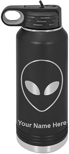 LaserGram 32oz Double Wall Flip Top Water Bottle With Straw, Alien Head, Personalized Engraving Included (Black)