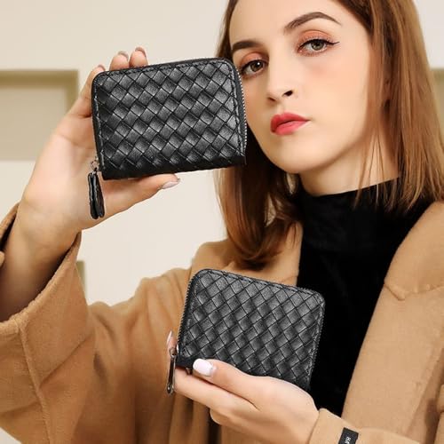 Women Slim Minimalist Wallet RFID Blocking 11 Slots Credit Card Holder Leather Case with Zipper(QB21 Black)3