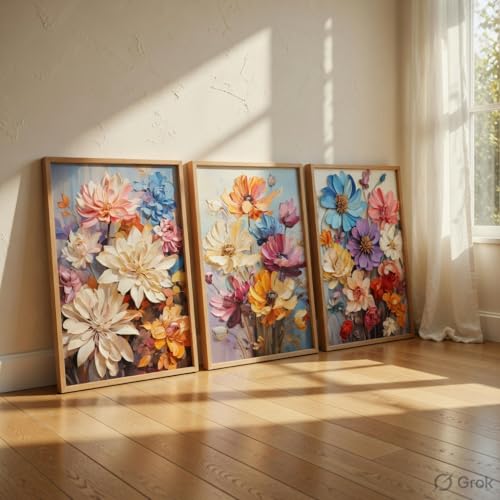 Image of Livin'luxe Colorful Floral Wall Painting Set of 3 with Wooden Frames | Modern Flower Bouquet Artwork HD Sparkle Laminated MDF Wall Decor | Botanical Wall Art for Living Room Bedroom