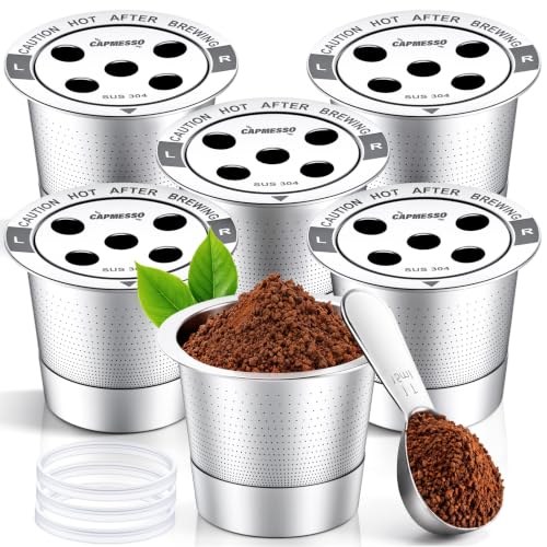 Image of CAPMESSO Reusable K Cups for Keurig: 6 Pack 5 Hole All Stainless Steel Pods | Fits K Supreme K Slim K Duo Gen2 includes scoop no plastic taste brew cups back to back before washing easy rinse /rich coffee
