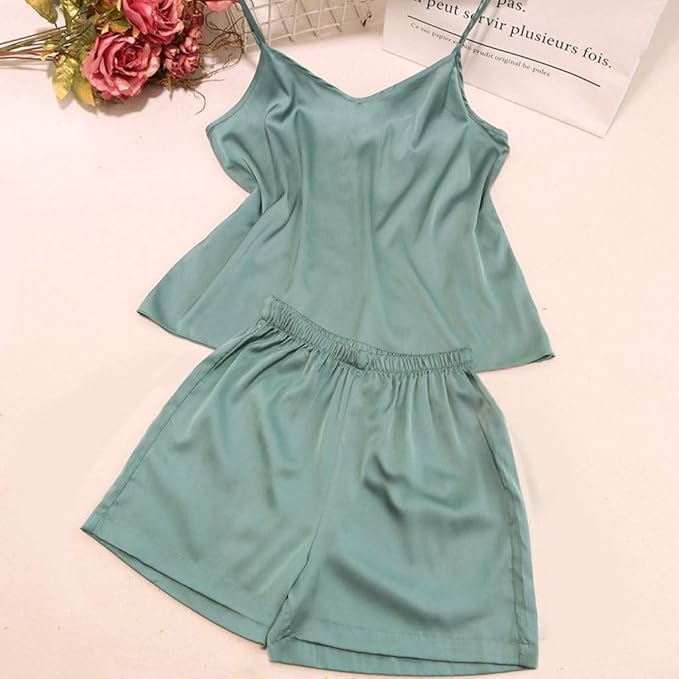 Image of Women's Sleepwear Set - Soft Night Suit with Top & Shorts, Lightweight Loungewear Dress with Pocket, Free Size
