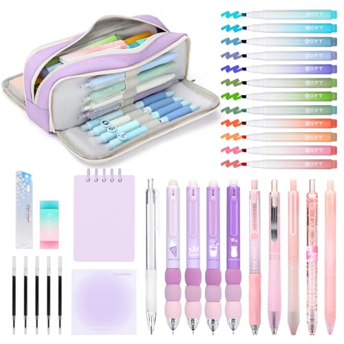 VICHOS 63 Material Escolar y Papeleria, 12 Subrayadores Pastel, 6 Portaminas, 5 Boligrafos Gel, 4 Boligrafos Borrable, un Estuche Escolar Morado 3 Compartimentos y Mucho Más