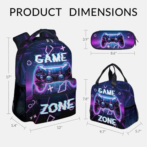 UNIKITTY Backpack for Kids - Gamer Backpack for Boys - Gaming Bookbag with Lunch Box and Pencil Case - 17 Inch Toddler School Bag for Primary Elementary2