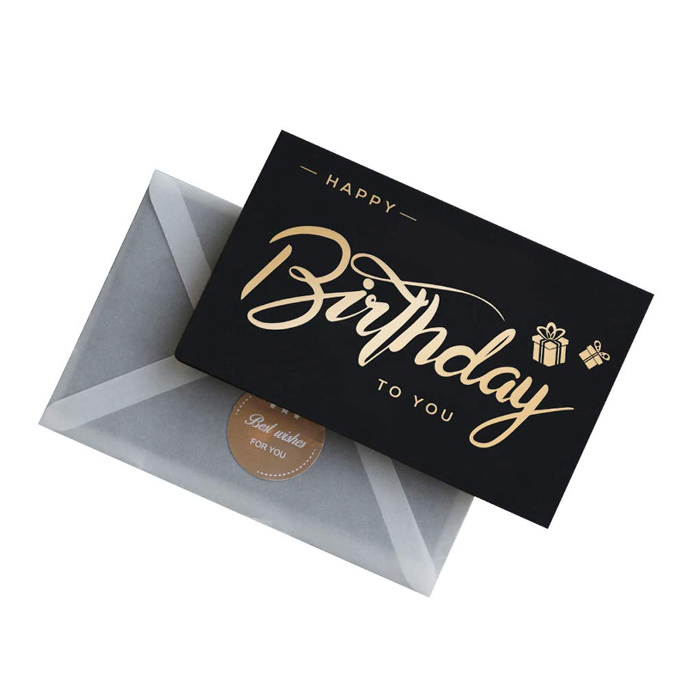 10 PCs Happy Birthday Cards Black and Gold Gift Cards Unique Design Greeting Notes Folded Thick Cardstock Blessing Card Blank Notecards with Envelopes