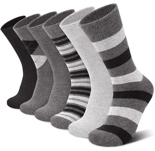 6 Pairs Merino Wool Socks for Men Thick Warm Thermal Winter Striped Dress Hiking Crew Men Socks Size 9-14