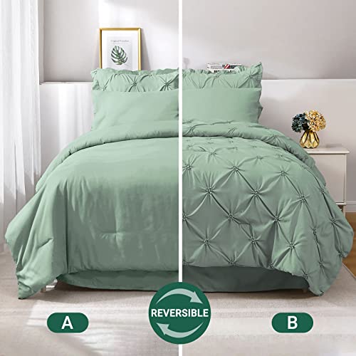 JOLLYVOGUE Green Twin Size Comforter Sets 5 Pieces, Pintuck Bed in a Bag Comforter Set for Bedroom, Bedding Comforter Sets with Comforter, Sheets,Ruffled Shams & Pillowcases