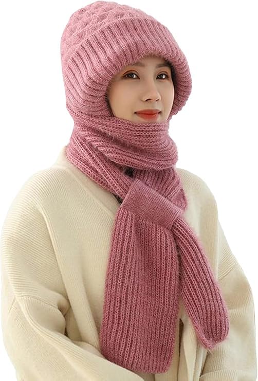 2-in-1 Winter Cap with Scarf, Velvet Knitted Beanie Hat with Integrated Ear Guard, Warm Stole Black