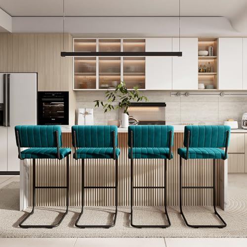 Image of ONEVOG 30 Inch Seat Height Teal Bar Stools Set of 4, Mid-Century Modern Cantilever Bar Chairs for Counter Kitchen Islands, Upholstered Velvet Fabric Barstools with Back and Matte Metal Legs, Teal