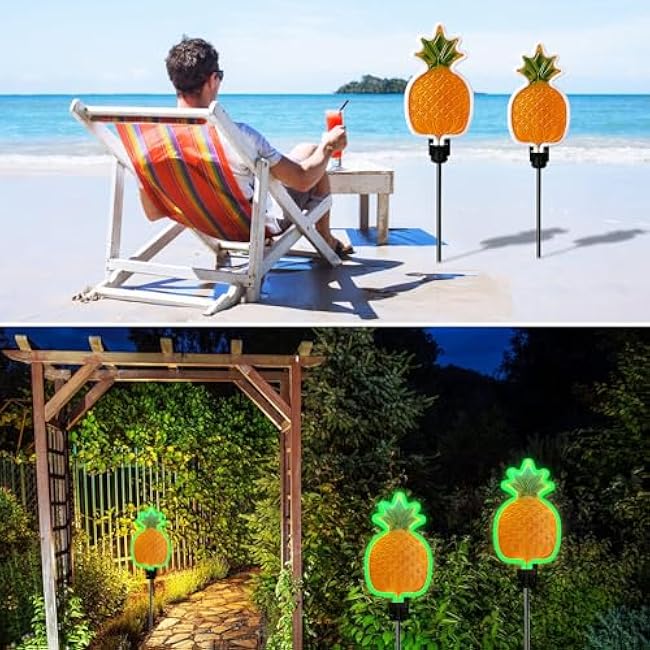 ANGMLN Solar Pineapple Neon Light - 2 Metal Garden Stake Lights 42 inch Path Lighting for Garden Yard Lawn Patio Walkway Decor
