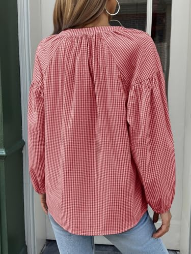 Cicy Bell Womens Puff Long Sleeve Blouse Gingham Pleated V Neck Button Down Shirts Loose Fit Dressy Casual Fall Tops2