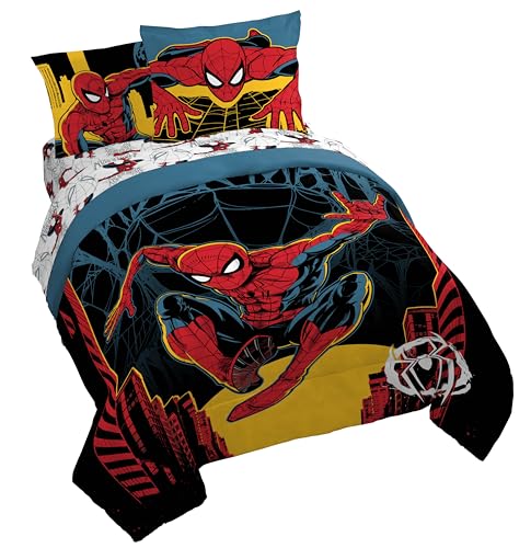Jay Franco Kids Comforter Set Includes Sheets and Pillow Covers - Soft and Cozy Bed Set for Stylish Room Decor Official Licensed Bedding Black - Spiderman 7 Piece Queen