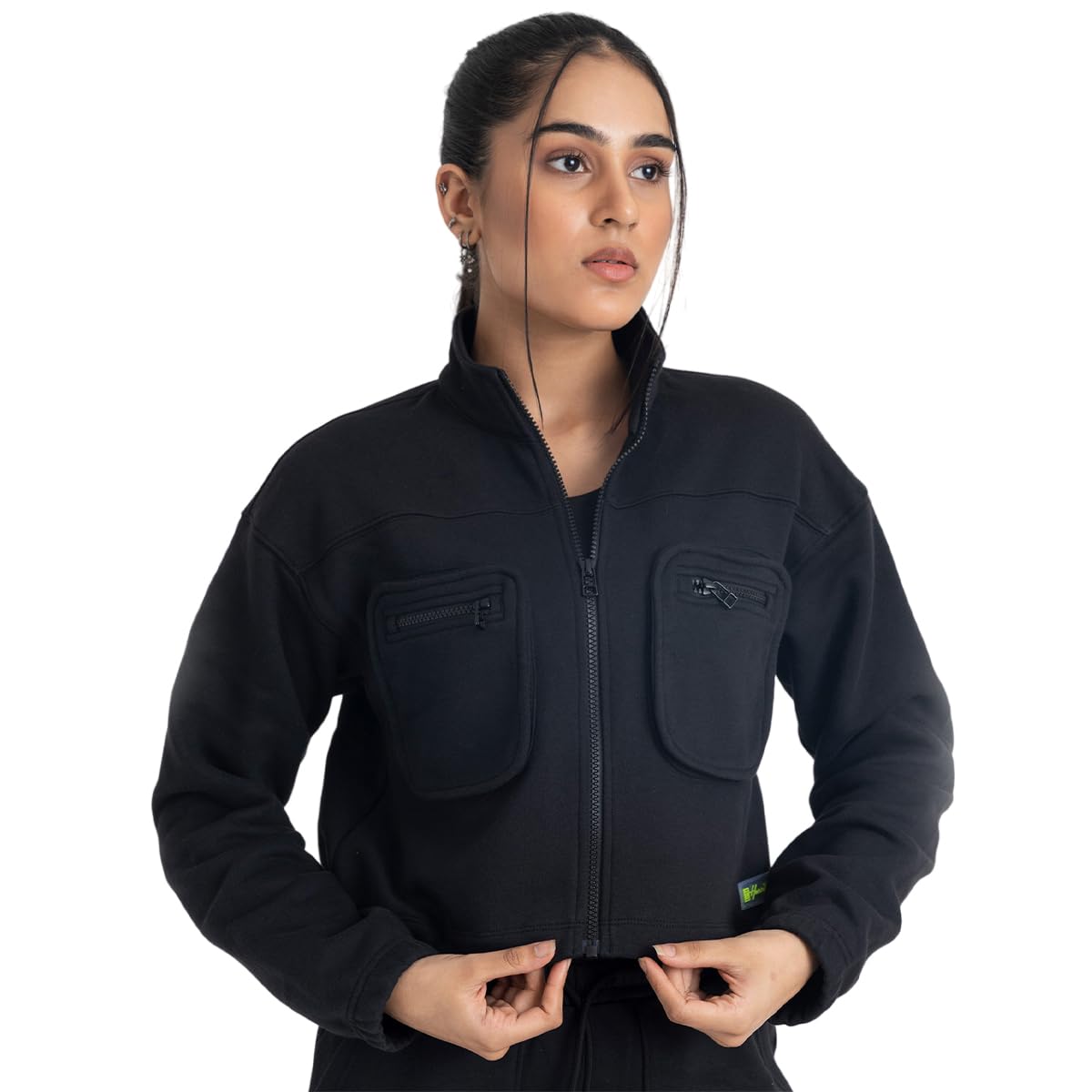 HUNNIT Cotton Jacket for Women Summer wear | Stylish Cropped Jacket with 2 Pockets | Workout Jackets for Women for Gym | Breathable Jacket for Summer | Athleisure Jacket-image-1