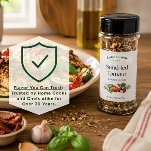 Image of Lesley Elizabeth Sundried Tomato Seasoning & Pesto - Gourmet Italian Herb & Tomato Blend for Pasta, Chicken, Vegetables & Sandwiches | All-Purpose Cooking & Grill Seasoning