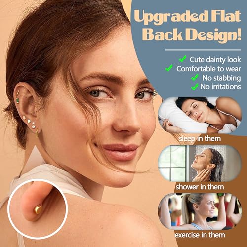 SAILIMUE 14K Gold Plated Flat Back Stud Earrings for Women | Hypoallergenic Surgical Stainless Steel Earrings | Screw Back Earrings Sets for Multiple Piercing | Small Cartilage Earring Studs3