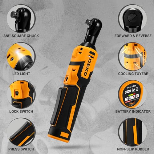 DEKOPRO Cordless Electric Ratchet Wrench Set 3/8" 450RPM Power Ratchet Tool Kit, 19Pcs Cordless Ratchets Wrench Set with Variable Speed,14 Sockets,3/8" to1/4 Adapter,2 Extension Bars, Charging Line by DEKOPRO - Image 2