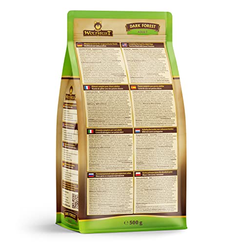 WOLFSBLUT – Dark Forest Adult | Trockenfutter mit natürlichen Zutaten und wertvollen Superfoods für ausgewachsene Hunde. Getreidefreies Alleinfutter ohne Zusatzstoffe im Beutel | 500g Wild