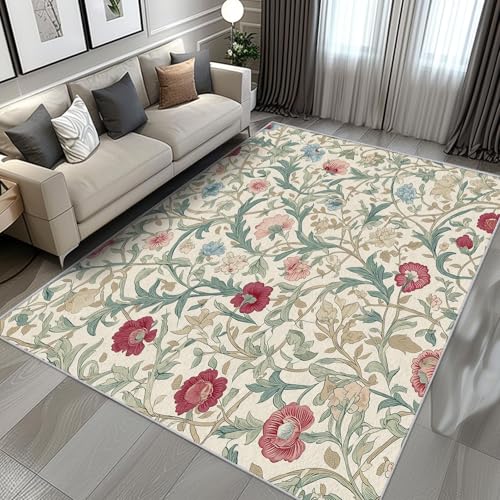 UUZEAI Alfombra de Dormitorio Estilo William Morris con Estampado Floral Retro, Lavable, Antideslizante, Estilo Rural, para Sala de Estar y Comedor(60x100cm)
