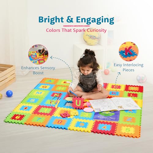 Image of Amazon Brand - Supples Pop Out Interlocking Playmat | Baby Puzzle Mat | Alphabets & Numbers Floor Mat | Multicolour |EVA Foam | Safe & Soft