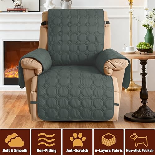 XINEAGE 100% Waterproof Recliner Chair Cover, Non Slip Covers for Recliner Chair with Pocket, Washable Dog Recliner Couch Cover with Elastic Straps (Dark Gray, 23.6\")