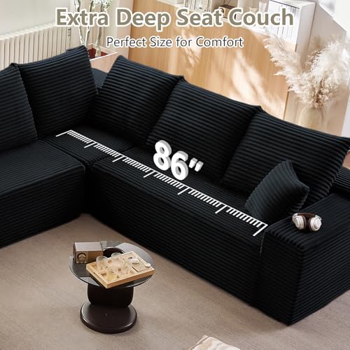 Image of Sectional Cloud Couch with L-Shape Chaise, Upholstered Corduroy Couches Stupendous U Shaped Sofas, Modern Modular Comfy Sofa with Deep Seat for Living Room Bedroom, No Assembly Required, Black
