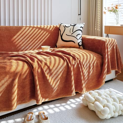 HANDONTIME Brunt Orange Couch Covers for 3 Cushion Couch Sofa Washable Corduroy Jacquard Sofa Slipcovers Caramel Couch Cover for Kids Soft Chenille Sofa Covers Couch Cover Blanket Thick, 71