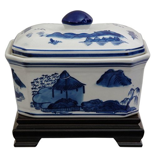 Oriental Furniture 8" Landscape Blue & White Porcelain Covered Jar