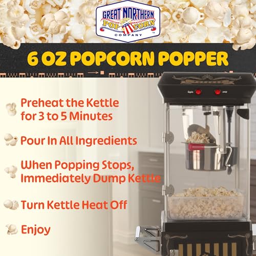 Image of Popcorn Machine with Cart and 6 oz Stainless Steel Kettle - Vintage Style Retro Popcorn Maker Machine on Wheels with Cabinet for Home Movie Room, Parties, and Events by Great Northern Popcorn (Black)