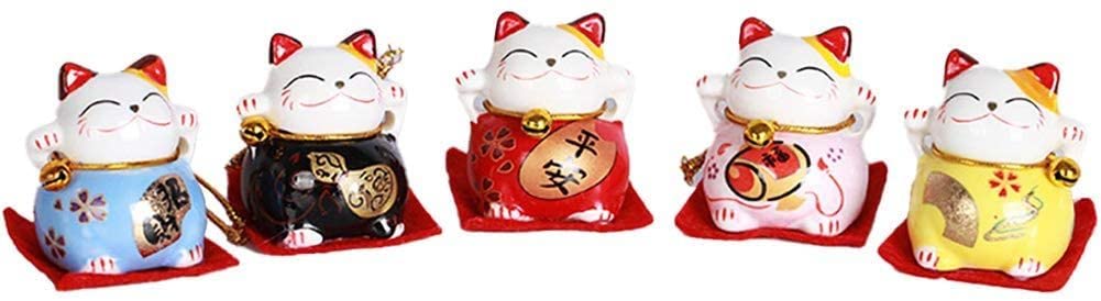 Estatuilla de cerámica Lucky Money Cat, Juego de 5 Figuras de Gato de la Suerte, Lindo Gato Vertical japonés Sonriente con decoración del hogar de la Suerte, decoración del Coche