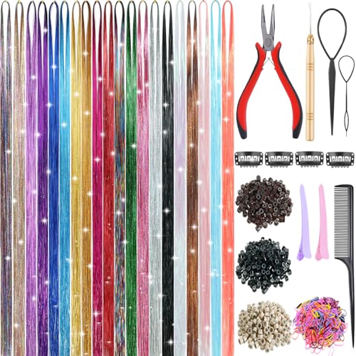 Ainani 20 Colors Hair Tinsel, 48 Inch 8000 Strands Hair Tinsel Kit with Tools Fairy Hair Tinsel Heat Resistant Glitter Tinsel Hair Extensions Sparkling Colored Hair Accessories for Girls Women