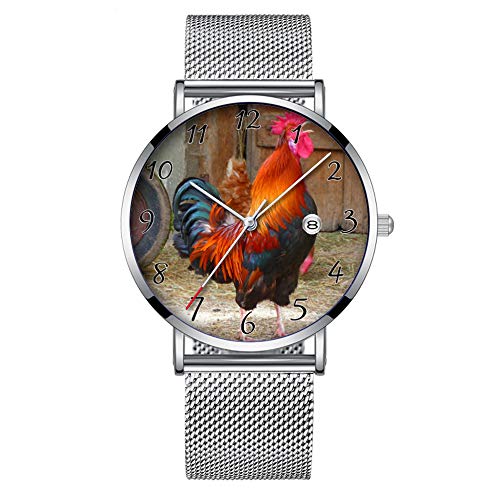 Reloj de Pulsera Minimalista de Cuarzo, ultradelgado, Resistente al Agua, con Fecha con Banda de Malla 133, diseño de Rhode Island Red Rooster Crowing en Barnyard