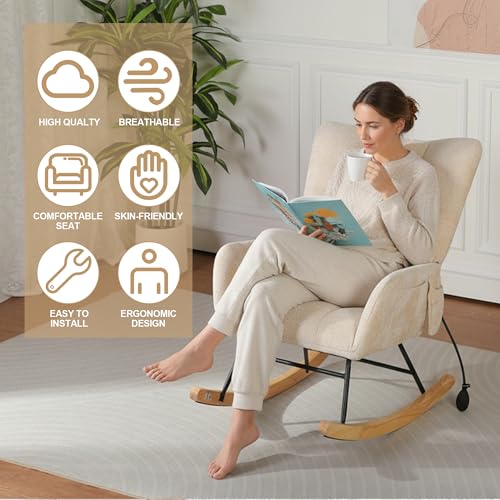 Image of Rocking Chair Nursery with Airbag, Comfy Modern Nursery Rocking Reading Chair Indoor, Cozy Upholstered Glider Rocker Chairs for Living Room Bedroom Offices, (Chenille, Beige)