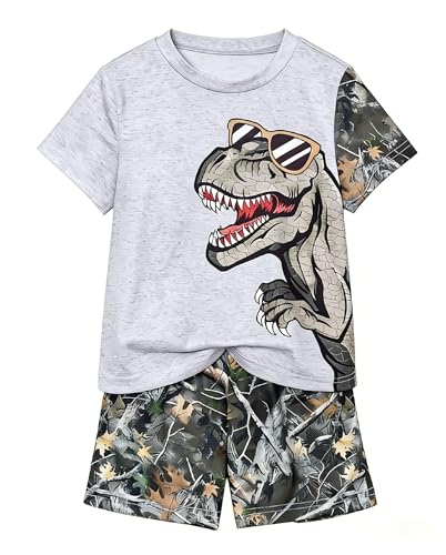 Image of Boys' 2 Piece Summer Outfit Cool Dinosaur & Camouflage Graphic Short Sleeve Tee & Shorts Set Size 4-12