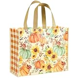 Loveinside 13' Large Fall Reusable Gift Bag, Pumpkin Sunflower Harvest Design with Orange Gingham Sides Recycled Gift Bag with Handles for Thanksgiving, Autumn Party, 13' x 5' x 10', 1 Pcs