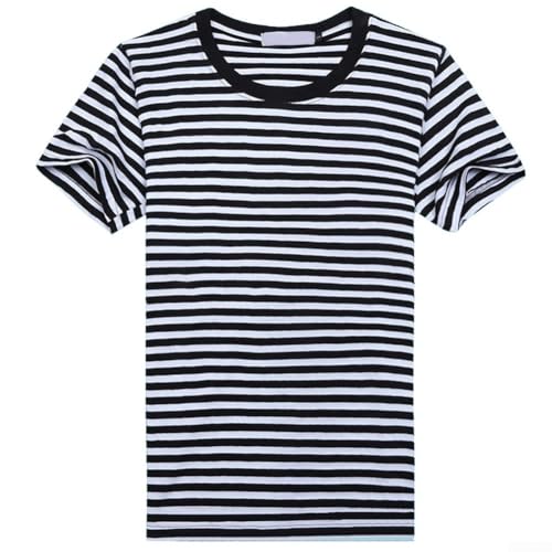 Camiseta de manga corta para hombre, diseño de rayas, color azul marino y blanco, cuello redondo (talla M, negro)