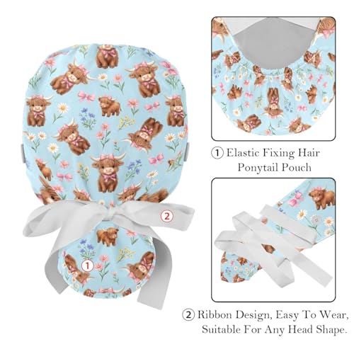 Image of 2 PCS Bouffant Cap with Button Ponytail Pouch Working Cap Sweatband Adjustable Surgical Cap Black and White Cow