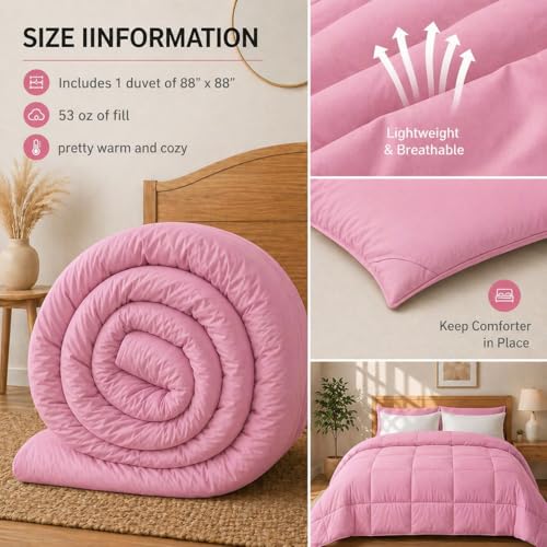 Image of Luxury Hotel Collection Cotton Comforter | All-Season Lightweight Quilt for Hot Sleepers | Plush, Breathable & Box-Stitched (Queen) HOT Pink