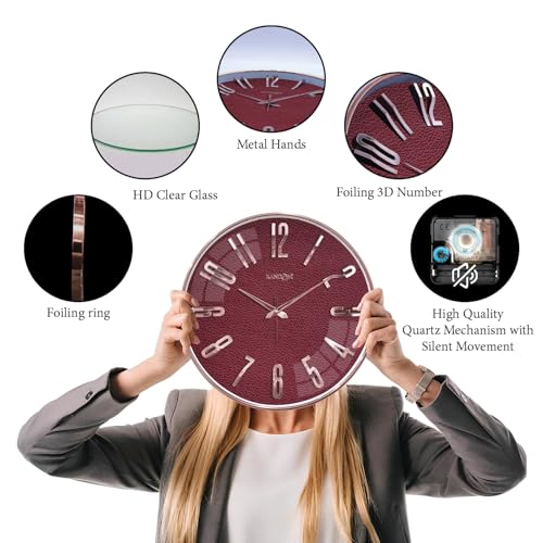 Image of RANDOM Sweep Silent Wall Clock, Non-Ticking Quartz Movement with 3D Foiling Numbers. (Burgundy)
