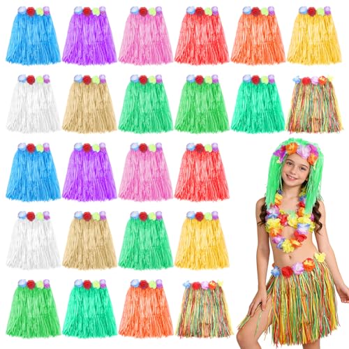 HOFASON 24 Pcs Girls Grass Skirt Hawaiian Luau Hula Skirts Bulk for Party Decorations Favors Supplies Girls Kids Tropical Hibiscus Flowers Grass Skirt for Beach Luau Party Birthday Celebration