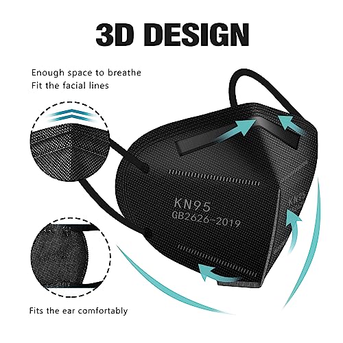 Lement 50Pcs Kn95 Face Mask Black 5 Layer Cup Dust Safety Masks Filter Efficiency≥95% Breathable Elastic Ear Loops Black Masks #TOP2